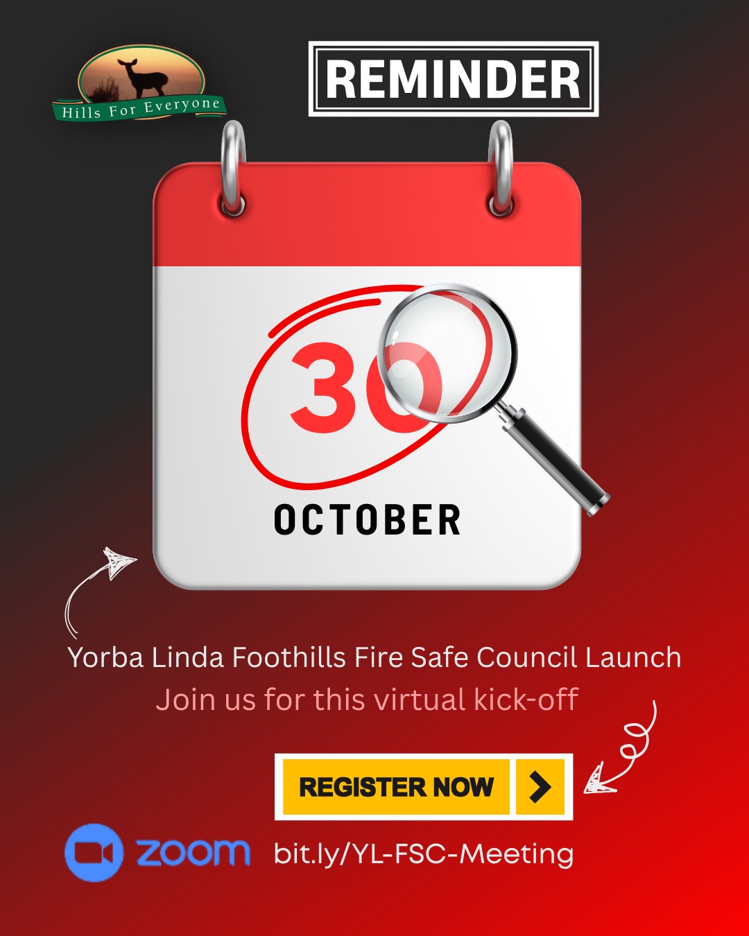 A meeting invite for October 30th for the new Yorba Linda Hills Fire Safe Council.